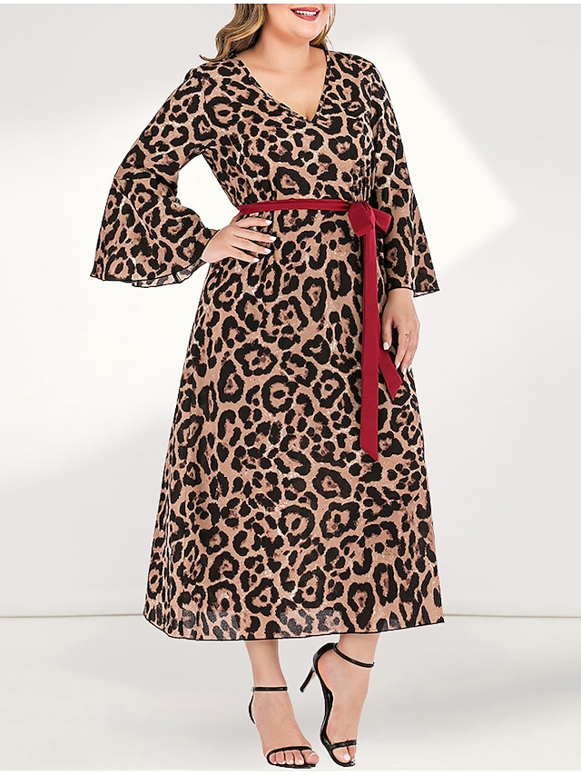  Women's Kaftan Dress Maxi long Dress Yellow Long Sleeve Leopard Pleated Patchwork V Neck Casual Flare Cuff Sleeve L XL XXL 3XL 4XL / Plus Size
