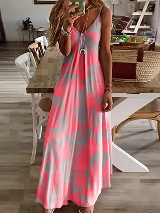  Women's Sundress Maxi long Dress Fuchsia Sleeveless Floral Print Summer V Neck Hot Casual 2021 M L XL XXL 3XL 4XL 5XL