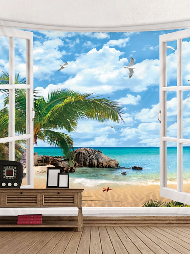  fenêtre paysage mur tapisserie art décor couverture rideau pique-nique nappe suspendu maison chambre salon dortoir décoration polyester mer océan plage palm