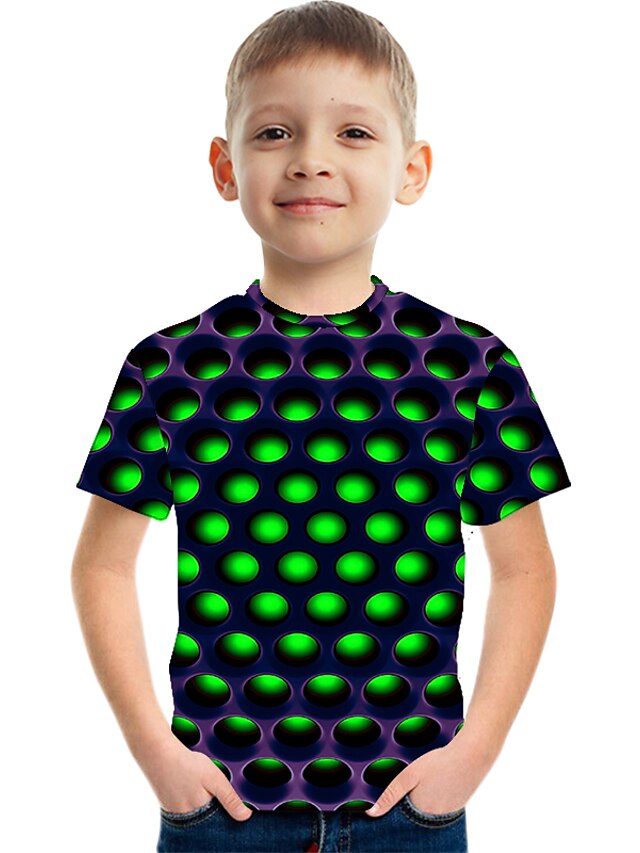  Børn Drenge T-shirt Kortærmet Prikker Farveblok 3D Trykt mønster Grøn Børn Toppe Sommer Basale Gade