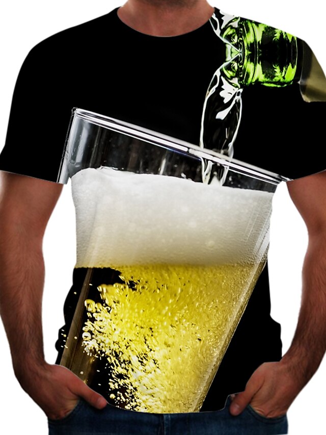  Men's T shirt Shirt Color Block 3D Beer Round Neck Plus Size Going out Weekend Short Sleeve Tops Basic Yellow