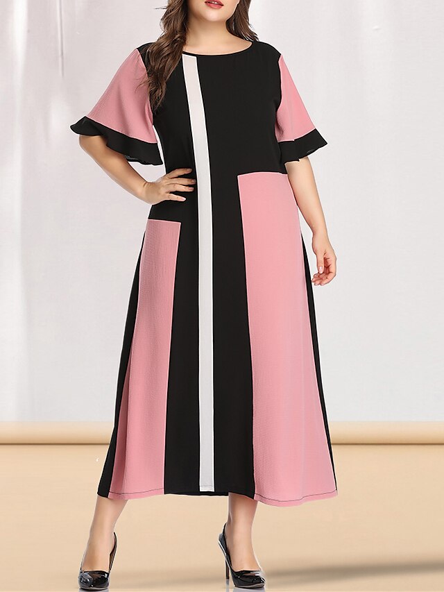  Women's A Line Dress Maxi long Dress Blushing Pink Short Sleeve Solid Color Color Block Patchwork Spring & Summer Round Neck Elegant Casual Flare Cuff Sleeve L XL XXL / Plus Size