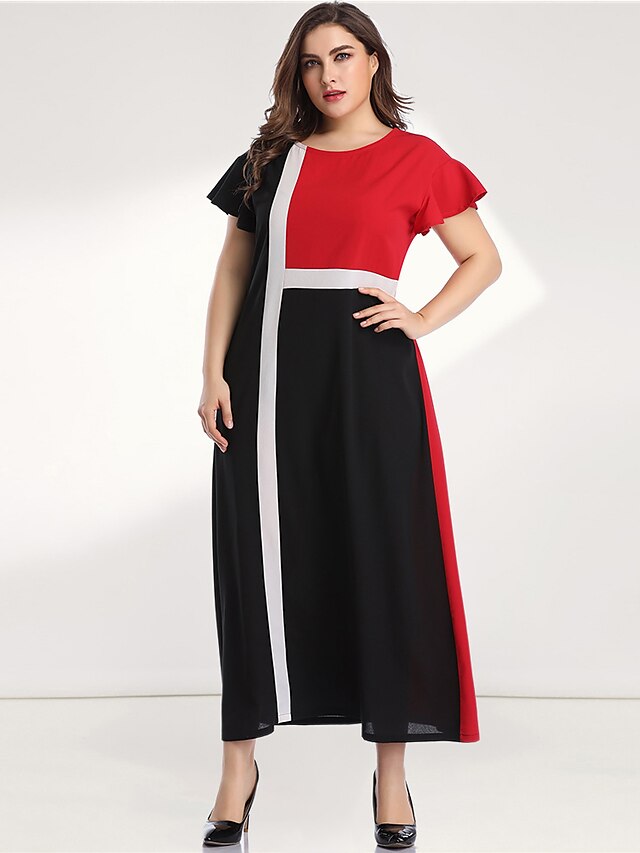  Women's A Line Dress Maxi long Dress Red Long Sleeve Black & Red Solid Color Color Block Patchwork Round Neck Elegant Casual Flare Cuff Sleeve L XL XXL 3XL 4XL / Plus Size
