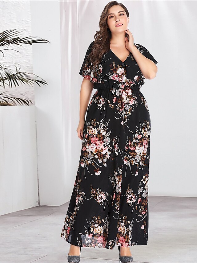  Women's A Line Dress Maxi long Dress Black Long Sleeve Floral Print Spring & Summer V Neck Streetwear Boho Flare Cuff Sleeve XL XXL 3XL 4XL 5XL / Plus Size