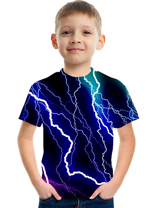  Børn Drenge T-shirt Kortærmet Farveblok 3D Trykt mønster Blå Børn Toppe Sommer Aktiv Gade Barnet's Dag