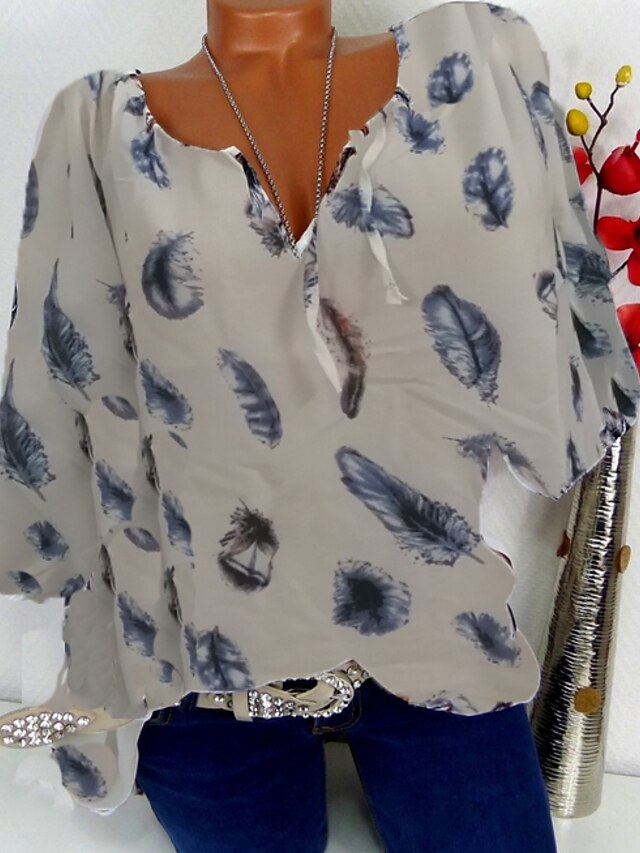  Damen Übergrössen Bluse Hemd Muster Geometrisch Druck V-Ausschnitt Oberteile Basic Top Weiß Schwarz Blau