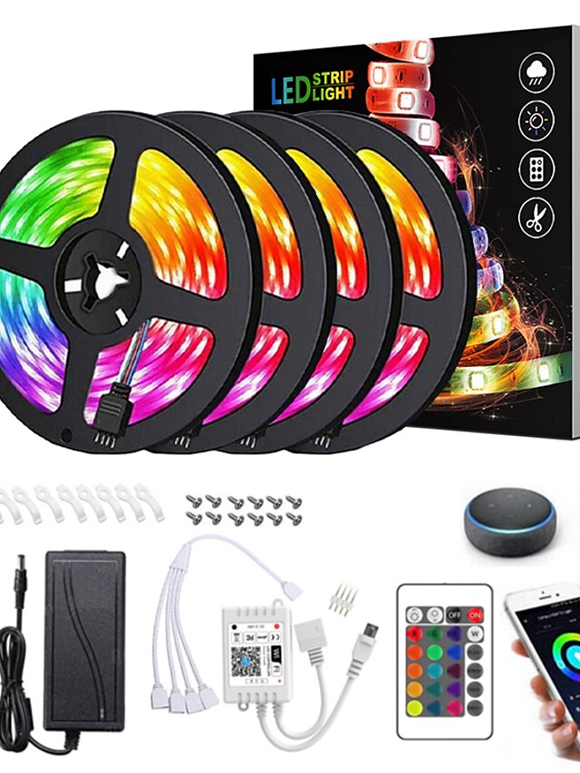  LED Strip Lights Dimmable App Control Waterproof 20M(4x5M) RGB Tiktok Lights Intelligent Dimming Flexible 5050 SMD 600 LEDs IR 24 Key Controller with Installation Package 12V 8A Adapter Kit