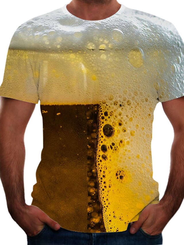  Men's T shirt Graphic 3D Beer Round Neck Plus Size Going out Weekend Short Sleeve Tops Basic Yellow