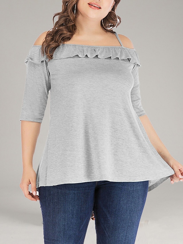  Women's Daily Blouse Plus Size Solid Colored Half Sleeve Criss Cross Ruffle Loose Tops Basic Off Shoulder Strap Light gray