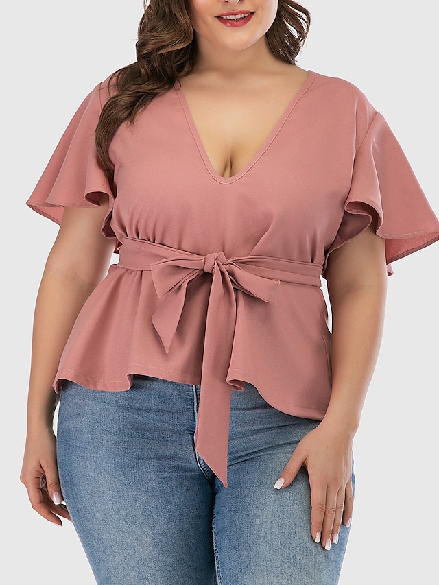  Women's Blouse Solid Colored Plus Size Lace up Ruffle Short Sleeve Daily Tops Elegant Sexy Blushing Pink