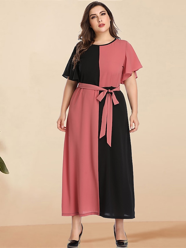  Women's A Line Dress Maxi long Dress Blushing Pink Long Sleeve Black & Red Solid Color Color Block Patchwork Spring & Summer Round Neck Elegant Casual Flare Cuff Sleeve L XL XXL 3XL 4XL / Plus Size