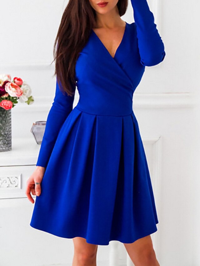  Damen A Linie Kleid Knielanges Kleid Schwarz Blau Wein Langarm Solide V-Ausschnitt heiß S M L XL