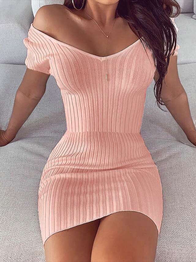  Women's Bodycon Short Mini Dress - Half Sleeve Solid Color Patchwork V Neck Boho Going out White Blushing Pink Gray S M L XL