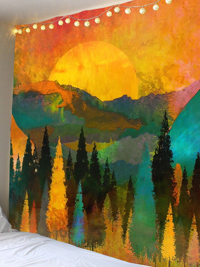  montanha nascer do sol parede tapeçaria arte decoração cobertor cortina piquenique toalha de mesa pendurado casa quarto sala de estar decoração do dormitório paisagem pôr do sol dourado floresta tinta