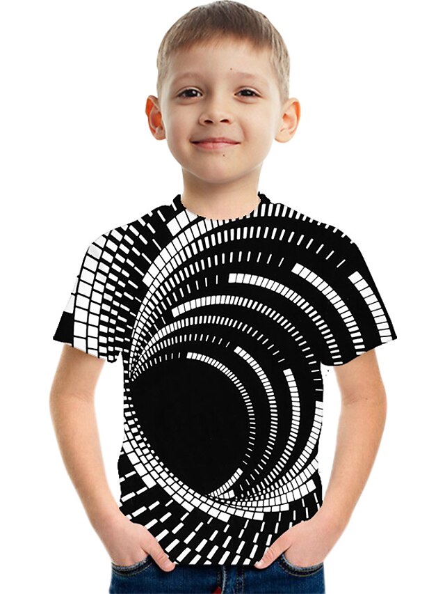  Børn Drenge T-shirt Kortærmet Regnbue Farveblok 3D Trykt mønster Sort Børn Toppe Basale Gade