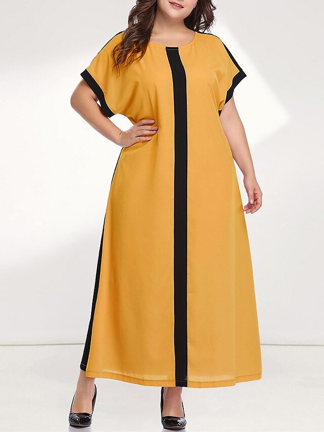  Women's Loose Maxi long Dress Yellow Blushing Pink Long Sleeve Solid Color Color Block Patchwork Round Neck Casual Sophisticated Batwing Sleeve XL XXL 3XL 4XL 5XL / Plus Size