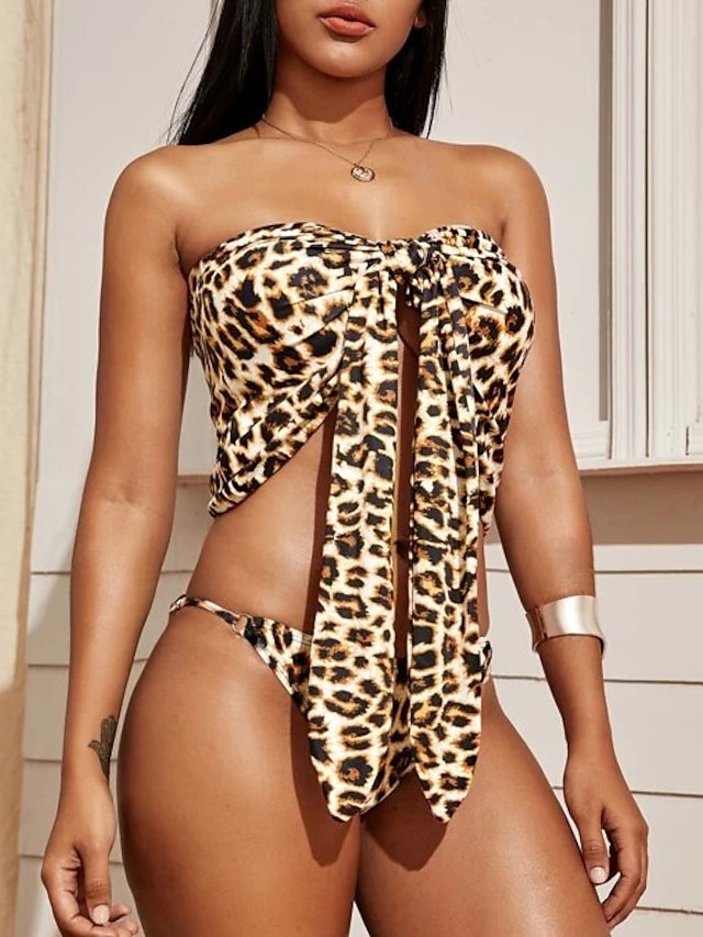  Women's Basic Boho Light Brown Bandeau Cheeky Bikini Tankini Swimwear Swimsuit - Leopard Lace up Print S M L Light Brown