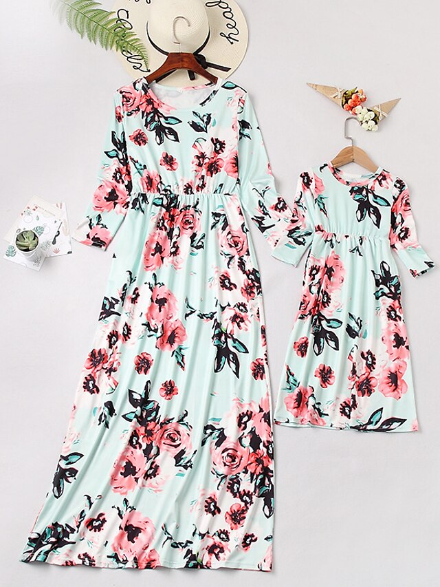  Mommy and Me Children's Day Dress Floral Print Blue Blushing Pink Green 3/4 Length Sleeve Maxi Sweet Matching Outfits / Boho