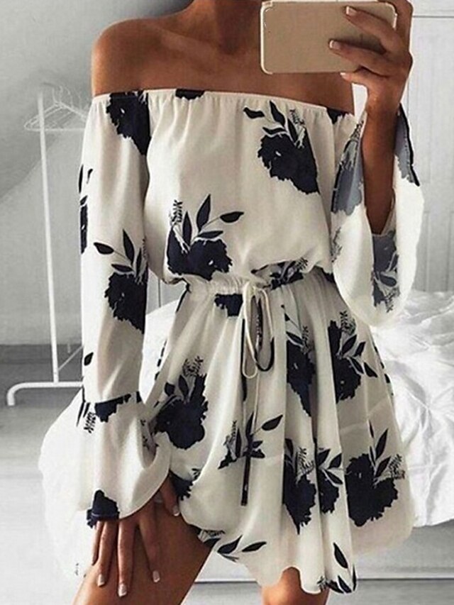  Women's Maxi long Dress A Line Dress Black White 3/4 Length Sleeve Cold Shoulder Print Off Shoulder Spring Summer Personalized Hot Sexy 2021 S M L XL