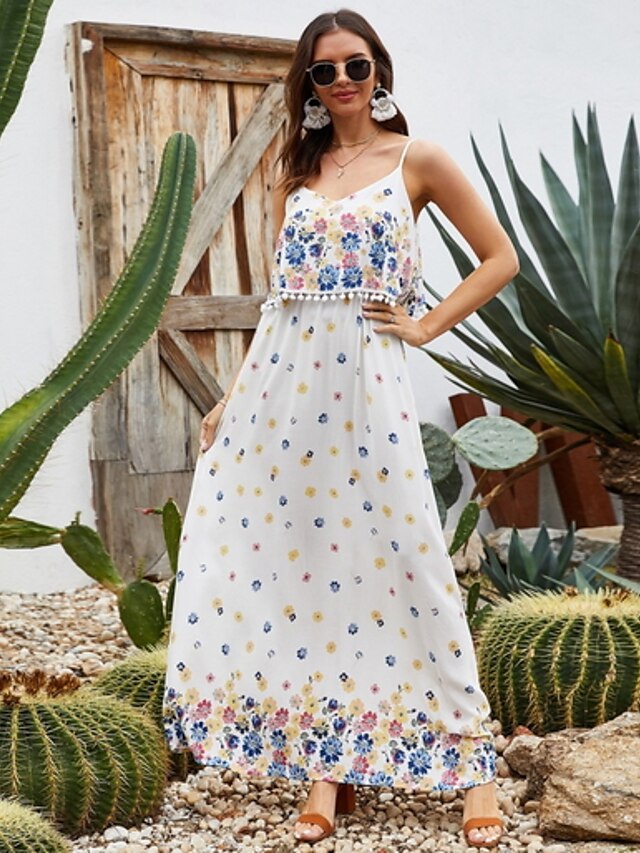  Women's Strap Dress Maxi long Dress White Sleeveless Floral Summer Elegant 2021 S M L XL XXL