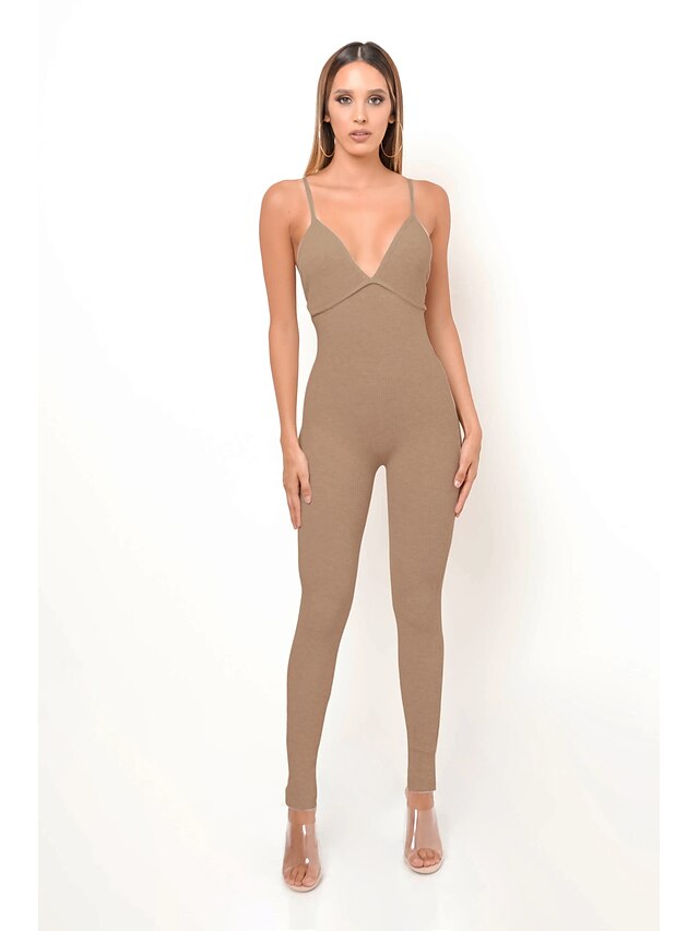  Women's Basic Khaki Gray Jumpsuit Solid Colored Backless