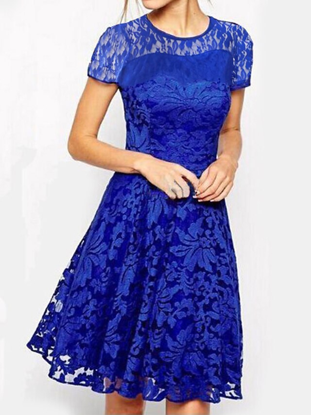  Damen A-Linie Kleid Knielanges Kleid - Kurzarm Solide Blumen Spitze Übergrössen Elegant Weiß Schwarz Blau Rote S M L XL XXL 3XL 4XL 5XL