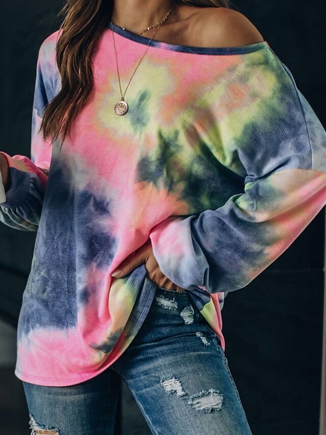  Damen T-Shirt Geometrisch Batik Langarm Rundhalsausschnitt Oberteile Regenbogen