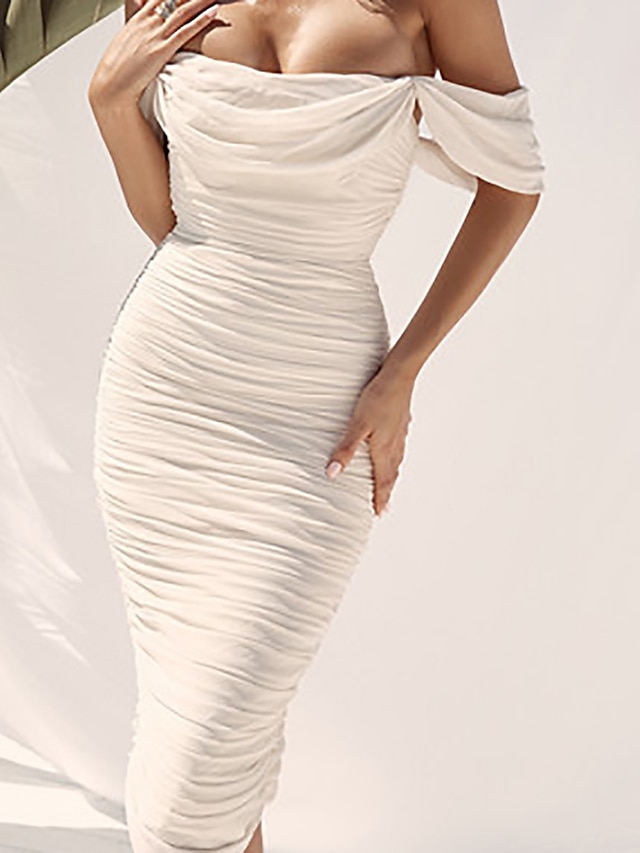  Women's Wrap Dress Midi Dress White Sleeveless Solid Color Backless Ruched Summer Off Shoulder Hot Elegant Formal 2021 S M L