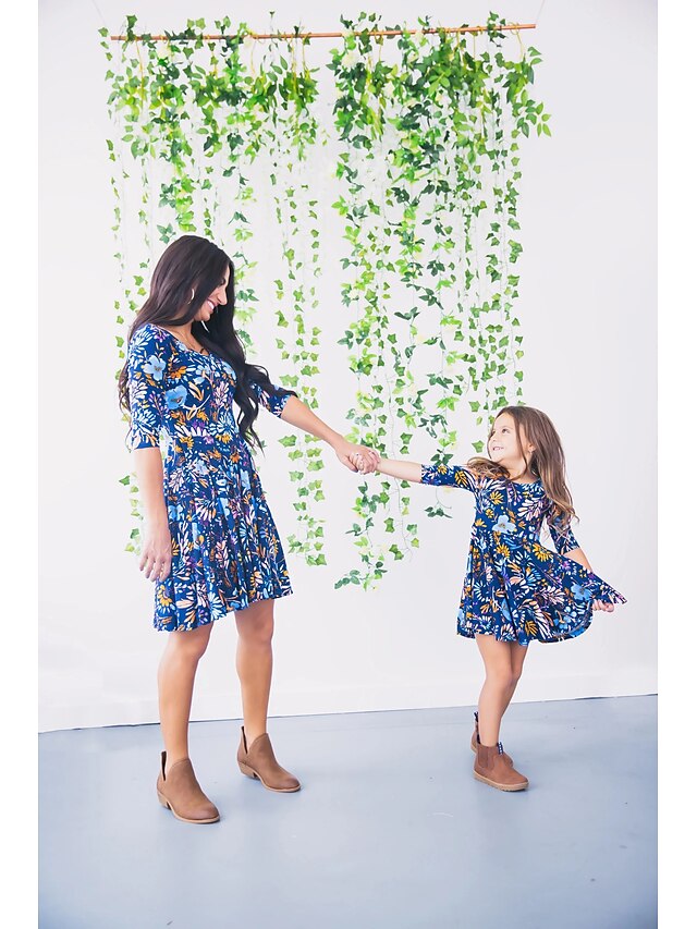 Mommy and Me Dress Floral Half Sleeve Basic Sweet Above Knee Blue