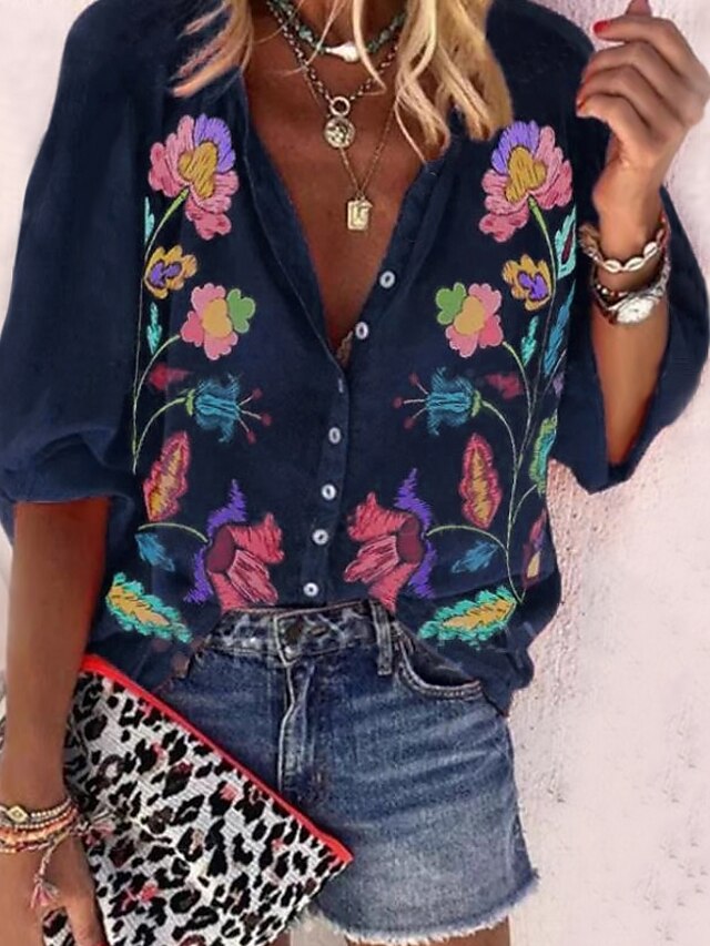  Women's Shirt Floral Shirt Collar Daily Vintage Style Long Sleeve Tops Vintage Boho Blue