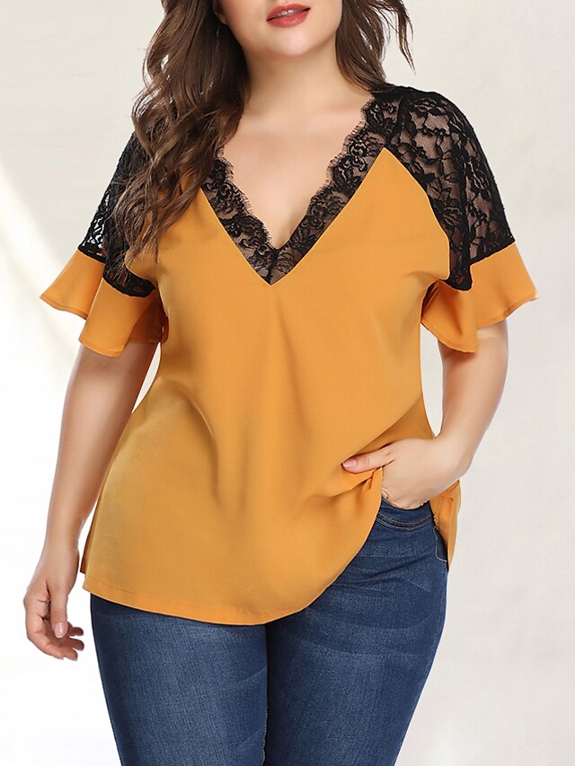  Women's Blouse Solid Colored Plus Size Lace Short Sleeve Daily Tops Elegant Sexy Red Yellow Blushing Pink