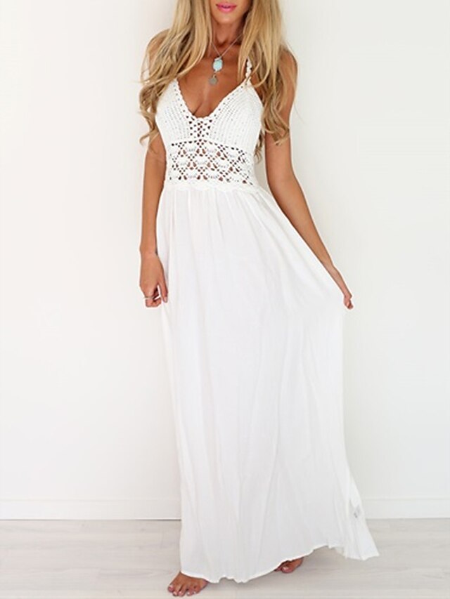  Women's Lace Maxi long Dress White Sleeveless Solid Color Backless Mesh Spring V Neck Hot Casual Streetwear 2021 S M L XL
