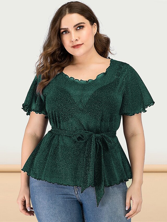  Women's Plus Size Lace Shirt Shirt Blouse Solid Colored Pink Blue Green Lace up Sequins Lace Short Sleeve Party Going out Streetwear Sexy Round Neck Regular Fit