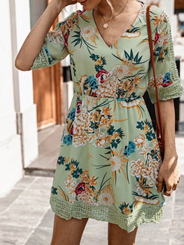  Women's A-Line Dress Short Mini Dress - 3/4 Length Sleeve Floral Summer V Neck Casual 2020 Blue Green S M L XL