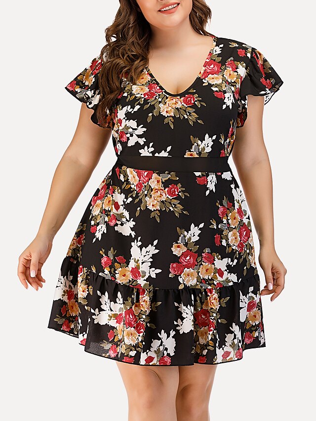  Women's A Line Dress Short Mini Dress Black Short Sleeve Floral Print Mesh Patchwork Summer V Neck Casual Sexy 2021 L XL XXL 3XL / Plus Size