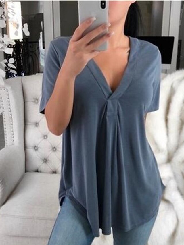  Women's Plain Solid Colored Casual Daily Short Sleeve Blouse T shirt Tee Shirt V Neck Basic Essential Elegant Tops White Black Gray S
