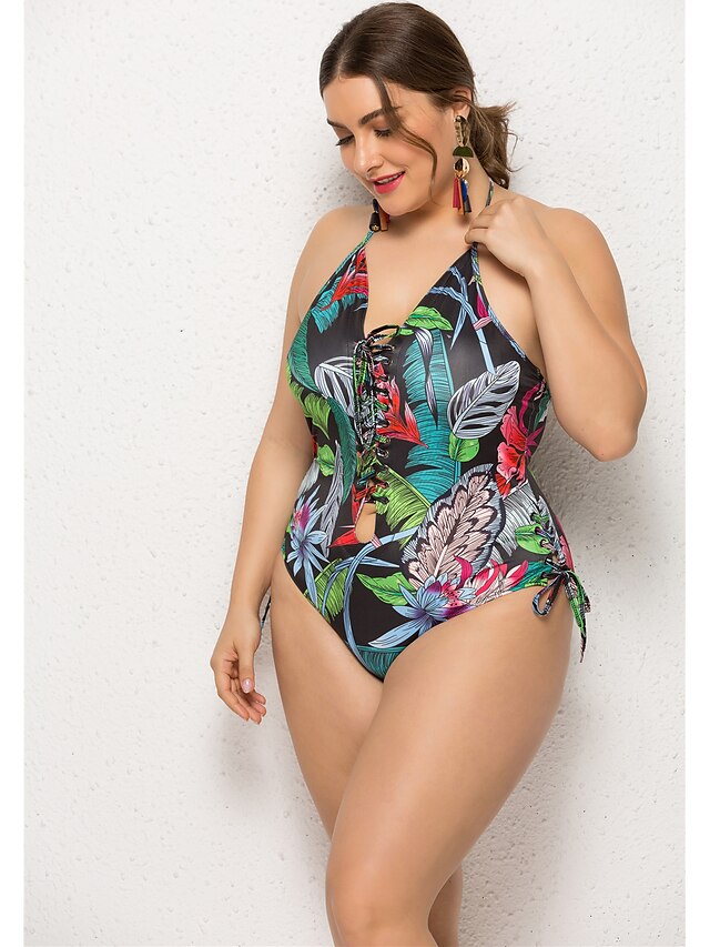 Women's Swimwear One Piece Plus Size Swimsuit Backless Print Tropical Green Tied Neck Bathing Suits Basic