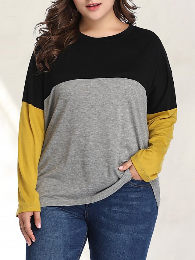  Women's T shirt Color Block Plus Size Patchwork Long Sleeve Daily Tops Basic Streetwear Yellow