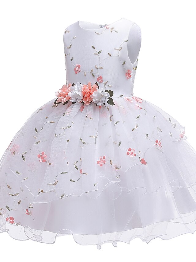  Toddler Little Girls' Dress Jacquard Solid Colored Layered Dress Ruffle Lace Trims White Purple Red Knee-length Sleeveless Flower Cute Dresses Children's Day Slim