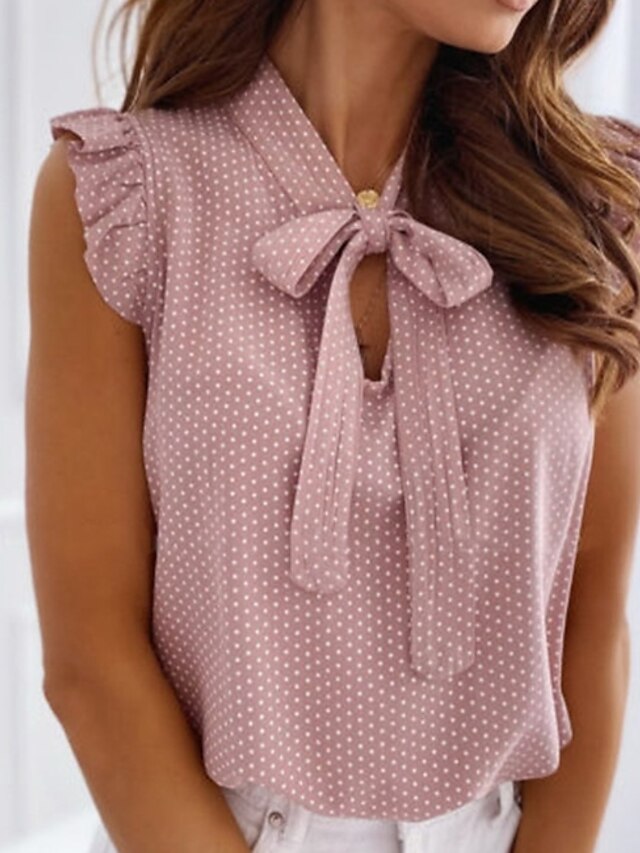  Women's Blouse Shirt Polka Dot V Neck Tops Blue Blushing Pink Gray