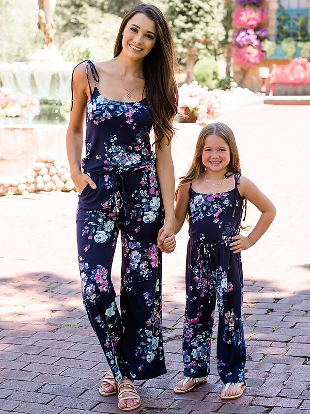  Mommy and Me Children's Day Overall & Jumpsuit Floral Drawstring Navy Blue Sleeveless Maxi Vintage Matching Outfits / Sweet / Print