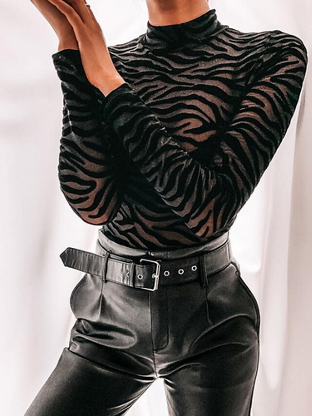 Women's Bodysuit Long Sleeve Solid Colored Standing Collar Tops Regular Fit Black