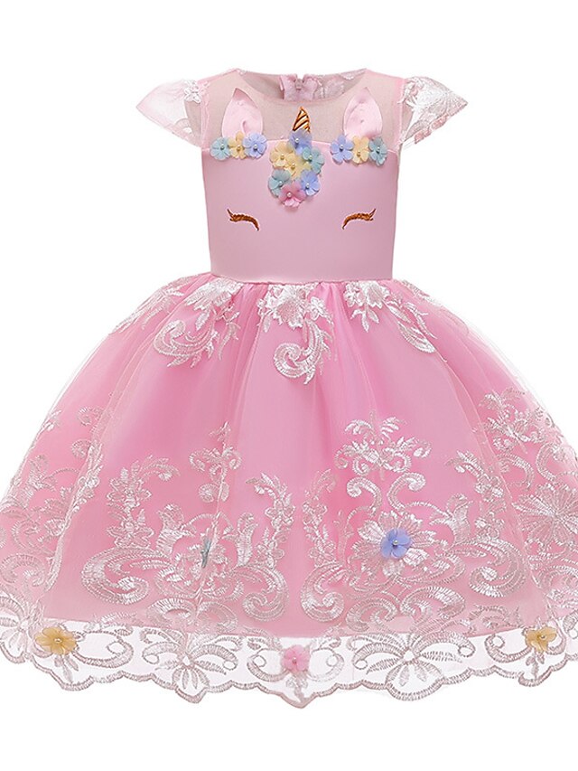  Kids Little Girls' Dress Unicorn Geometric Lace Bow Print Blushing Pink Light Blue Knee-length Sleeveless Active Cute Dresses Regular Fit