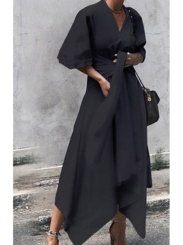  Mujer Vestido Midi Vestido de una línea Negro Media Manga Color sólido Escote en Pico Verano Elegante 2022 S M L XL