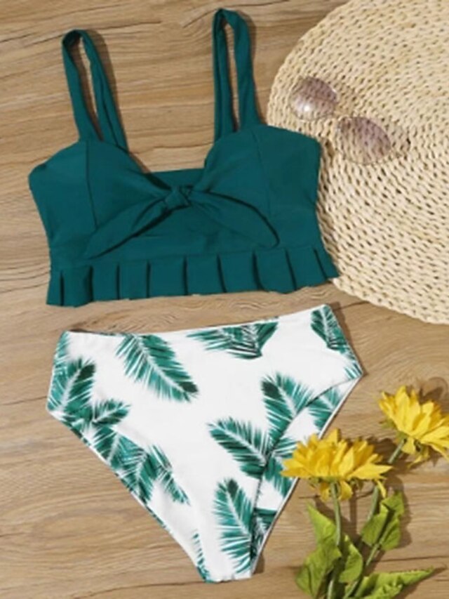  Women's Basic Strap Halter Cheeky High Waist Tankini Swimwear Swimsuit - Geometric Tropical Bow Print S L Green