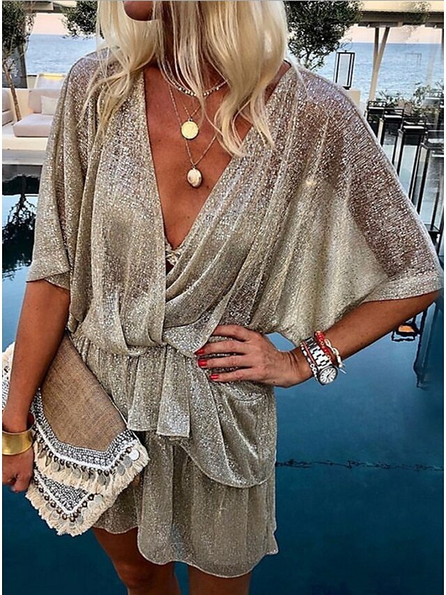  Damen Hemdkleid Minikleid Silber Halbe Ärmel Volltonfarbe Sommer V-Ausschnitt heiß Elegant Lose 2021 S M L XL