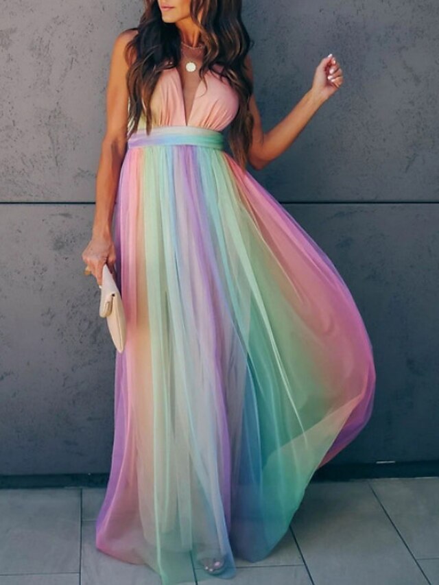  Women's Maxi long Dress Swing Dress Rainbow Sleeveless Backless Patchwork Rainbow Striped Color Block Deep V Spring Summer Hot Elegant Vacation 2021 S M L XL XXL
