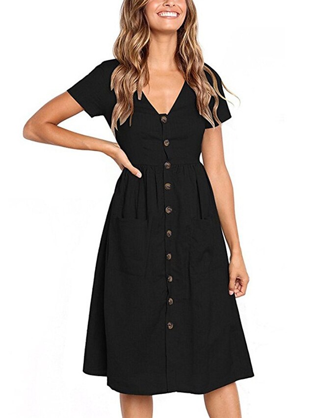  Women's Sheath Dress Midi Dress Short Sleeve Solid Color Ruched Pocket Button Spring Summer Casual Streetwear Capped 2021 White Black Blue Red Blushing Pink Wine Green Light Green Navy Blue Light Blue
