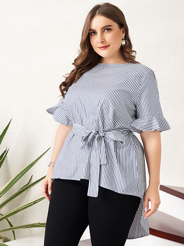  Women's Plus Size Lace Shirt Shirt Blouse Striped Blue Lace up Short Sleeve Work Daily Elegant Business Round Neck Regular Fit
