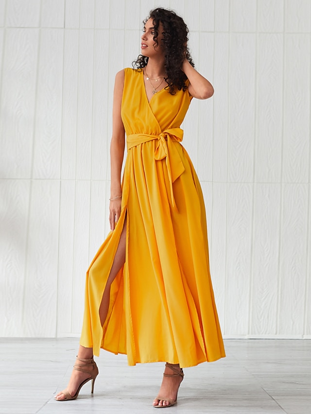  Women's Swing Dress Maxi long Dress Yellow Long Sleeve Solid Color Layered Bow Summer V Neck Elegant 2021 XS S M L XL